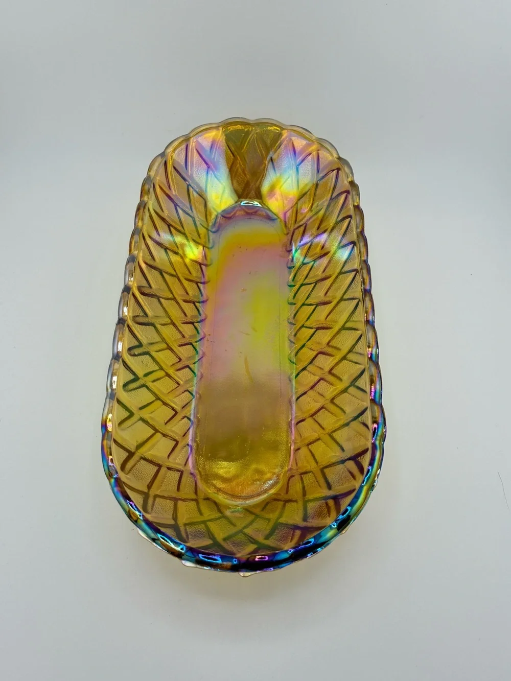 Vintage Marigold Iridescent‎ Carnival Glass weave pattern dish
